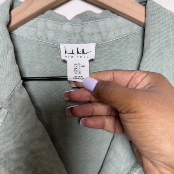 Nicole Miller Women 100% Linen Sweater Green Henley Lagenlook Coastal Minimalist - Picture 5 of 9